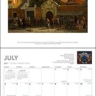 JULY 2022 Kalender mit einem Gemälde von Menschen vor einer historischen Stadtszene, links oben eine Kirche.