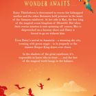 Text: "Above the clouds, a world of wonder awaits..." Beschreibung: Orangener Hintergrund, Papagei und Dschungelszene mit Drachen.