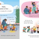 "Hello, my name is Roo... and I’m ready for school! Here comes Liv. And there's Ty. That’s Zaza. That’s Mo."  
Illustration von Kindern mit Schulsachen.