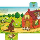 Text: "When Bear's ready for his beddy...", "Too high, don't try!", "Look out, monsters about!", "No fear, not in here!", "Hooray, this way!" 

Ein rotes Ziegelhaus steht in einer grünen Landschaft mit Tieren.