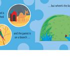 „The camel is by her shed“, „and the parrot is on a branch“, „...but where’s the lion?“ Illustrationen: Kamel, Papagei, Wiese.