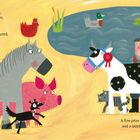 Ein Reim über Bauernhof-Tiere, mit einer Ente im Teich und einer prämierten Kuh. Bunte Illustration mit verschiedenen Tieren.