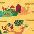 Ein Löwe brüllt, Affen heulen, ein Krokodil schnappt, ein Elefant trompetet, eine Hyäne lacht. Bunte Illustration von Tieren.