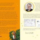 Links: Text von Julia Donaldson. Rechts: Text über Illustrationsprozess. Enthält Fotos, Skizzen und farbige Illustrationen.