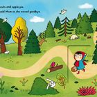Text: "Red was off to see her gran with biscuits and apple pie. 'Look out for Wolf, he's very bad!' said Mum as she waved goodbye." Eine Illustration mit einem Mädchen im roten Umhang auf einem Waldweg; Tiere und eine Hütte.