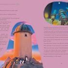 "Remarkable Happenings in Moominvalley" oben. Text erzählt von Moomintroll, der ein goldenes Fußkettchen zurückgibt und einem Kometausblick. Illustration: Ein Turm unter einem Sternenhimmel mit Moomins.