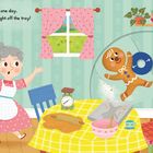 Text: "An old woman was baking at home one day, when a gingerbread man leaped right off the tray!"  
Illustration mit Frau, Lebkuchenmann und Katze in der Küche.