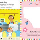 "Time to shop. Best underwear ever!" Links: Mann, zwei Kinder, Supermarkt. Rechts: Unterwäsche-Ausmal-Illustration.