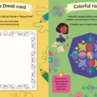 Links "Make a Diwali card" mit leeren Kartenvorlagen und Buntstiften; rechts "Colorful rangoli" mit bunten Mustern und Kindern.