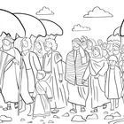 Illustration: Eine Gruppe von Menschen, angeführt von einem Mann mit Stock, durchquert einen geteilten Ozean.