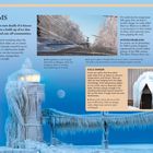 Titel: EXTREME COLD - ICE STORMS. Texte erklären Eisstürme, ihre Gefahren und Auswirkungen. Bild zeigt eingeschneiten Leuchtturm.