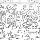 Das Gemälde zeigt eine Krippenszene mit Engeln, Tieren und Menschen, die das Christuskind in einer Krippe anbeten.
