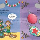 Links: "It's the countdown to Christmas! Can you paint the picture?" Zwei Kinder schmücken einen Baum. Rechts: "What colors are the ornaments?" Vier bunte Ornamente und ein Pinsel.