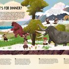 Illustration mit Neandertalern und Tieren. Oben größere Texte: "WHAT'S FOR DINNER?" und weitere Beschreibungen.