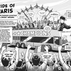 "Pride of Paris", "Champions", "Allez les Bleus!" Rufe, jubelnde Menge vor Bus, fliegende Jets, hohe Auszeichnung für Kylian.