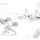 Links: zwei cartoonartige Figuren, die miteinander sprechen. Rechts: Illustration eines riesigen Cartoons in Landschaft.