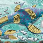 Aristonectes-Illustration: Riesiges Reptil mit gefleckter Haut jagt Fische. Infobox: Lebte vor 70-66 Mio. Jahren, 11 m lang, Fleischfresser.