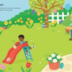 "Ostereier suchen" Text oben. Bunte Osterillustration mit Kindern, Eiern, Blumen, Rutsche und Bäumen in einem Garten.