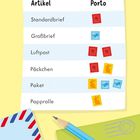 Artikel und Porto: Standardbrief, Großbrief, Luftpost, Päckchen, Paket, Papprolle. Briefumschläge und Stift.