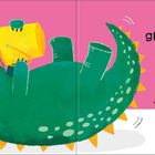 Text: "Schau! Er ist grööößer geworden! Jetzt möchte er noch mehr fressen. Füttere ihm einen Eimer voll irgendetwas – sofort!"
Illustration: Ein grünes Krokodil trinkt aus einem gelben Eimer, rosa Hintergrund.