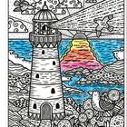 Ein Leuchtturm steht vor einem bunten Meer mit Sonnenuntergang. Umgeben von Vögeln, Wolken und Blumen in einer detaillierten Illustration.