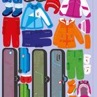"Die Zugreise" und "Seite 16-17". Kleidung: Jacken, Hosen, Mützen, Schuhe. Verschiedene Farben, winterlich.