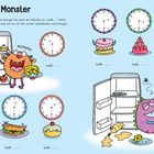 Hungrige Monster, mampfer und schlürfer haben Hunger. Zeichnungen von Monstern, Essen, Uhren, Kühlschränken.