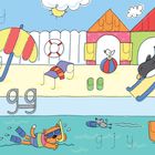 Texte: g, j, y. Illustration: Tiere am Strand. Katze schwimmt, Bär läuft, Zebra spielt, sonniger Tag.