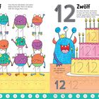 Links: "11 Elf. Wie viele Akrobaten tummeln sich hier?" Bunte Monster stapeln sich. Rechts: "12 Zwölf" mit Geburtstagstorte und Monster.