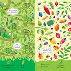 Links: "Wo kriechen zwei Schnecken?" und "Wer schläft tief und fest?"; Chamäleons und Blätter. Rechts: "Findest du die Hummel?"; viele bunte Insekten.