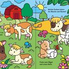 Farmerhofszene mit bunten Kühen, Blumen und Tieren, einladende Texte ermutigen zur Interaktion und Naturbeobachtung.