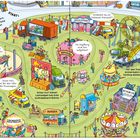 Kirmesszene mit Texten: "Der Jahrmarkt wird bald eröffnet.", "Entdeckst du ein Teetassen-Karussell?", "Hüpfburg".