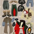 "Graf Draculas Schloss. Folge den Zahlen und Pfeilen, um die Sticker in der richtigen Reihenfolge einzukleben." 

Dargestellt sind Kleidungsstücke und Gegenstände, gezeichnet in Illustrationsstil.