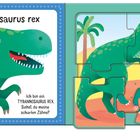 "Tyrannosaurus rex. Ich bin ein TYRANNOSAURUS REX. Siehst du meine scharfen Zähne?" Illustration eines grünen Dinosauriers und ein Puzzle.