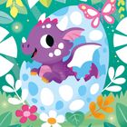 Ein lila Drache schlüpft aus einem gepunkteten Ei, umgeben von Blüten und einem pinken Schmetterling.