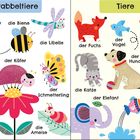Illustration: Links "Krabbeltiere" (Spinne, Biene), rechts "Tiere" (Fuchs, Tiger). Bunte, fröhliche Darstellungen.