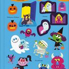 "Auf Süßigkeitenjagd" Seite 4-5, Fledermäuse, Halloween-Kürbisse, Fenster, Gruselkinder. Bunte Halloween-Illustration.