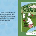 Links: Eleganter schwarzer Text über ein schönes Tal. Rechts: Illustration von Moomins in einer bunten Landschaft.