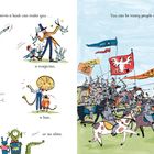 Ein Bild zeigt, wie Bücher Fantasie fördern: Illustrationen von Superheld, Magier, Pirat, Löwe, Außerirdischem, Ritter.