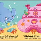Texte: "Harry the hermit thinks his shell is too small..." und "Abracadabra! says Manatee with delight..."

Illustration: Ein fröhlicher Manatee, Meerestiere und ein rosa Haus mit Sternformen.