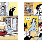 "I'm home! And I got you some pears!" "Hey, you’re out of the box!" "Hey, Mom!" "REALLY?!" "Sorry..." Illustration von Frau und Vogel.