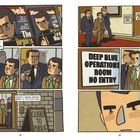 Links oben: "The article came out just as the match was beginning." Unten: "Security guards brought Garry to the 35th floor." Schilder: "DEEP BLUE OPERATIONS ROOM NO ENTRY" und "CLOSED TO PUBLIC." Drei Männer stehen vor Magazinen und gehen in einen Raum.