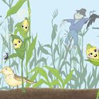 „In the middle of a great big sweet-corn field, where there was corn and corn and corn and corn and corn, Corny was born.“ Illustration: Maiskolben mit Gesichtern, ein Pfad mit Tieren und eine Vogelscheuche im Feld.