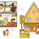 Text: "I think camping will be fun." "Yes! Thank you, Mom!" "We have to check out some books on camping." "Yay...camping."

Illustration: Links ein Comic mit Mutter und Kind, rechts ein gelbes Haus.