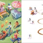 Links: "It wasn't very fun." Rechts: "The unicycle only went in a circle. Around, and around, and around." Illustration von Menschen auf Fahrrädern.