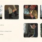 Text: Ein gewöhnlicher Märztag; Vater geht jagen. Illustrationen: Menschen, eine Frau mit Kind, Fußspuren im Schnee, Vogel im Baum.