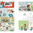 Comic mit zwei Figuren, einem Hund und einem Kind. Der Hund malt und riecht. Texte: "WHAAAT?!", "It’s not finished!" Humorvolle, bunte Szenen.