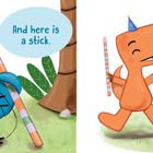 Linke Seite: "And here is a stick." Rechter Seite: "¡El palo es mío!", "Yup! All yours!" Ein blauer Vogel mit rotem Hut und ein oranger Dinosaurier.