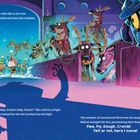 Ein Yeti mit großen Augen jagt Elfen und Rentiere in einem Stall. Lebhafte Farben und Szenen voller Bewegung.