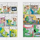 Links: Ein Krokodil beim Zahnarzt; Diskussion über Stress und Behandlung. Rechts: Es liest Zeitungen und Comics im Wartezimmer.